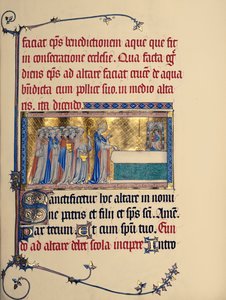 Ms 298 f.30r Metz Pontificalからの教会の献身、c.1302-16（羊皮紙に金箔とテンペラ） 作： French School